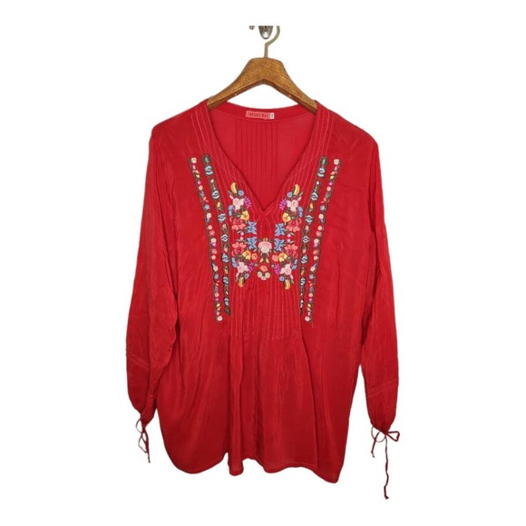 Johnny Was Tops - Johnny Was Red Embroidered Longsleeve Tunic Size 1X